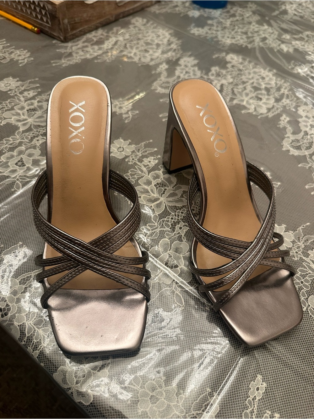 XOXO Metallic Bronze Crisscross Square-Toe Block Heels